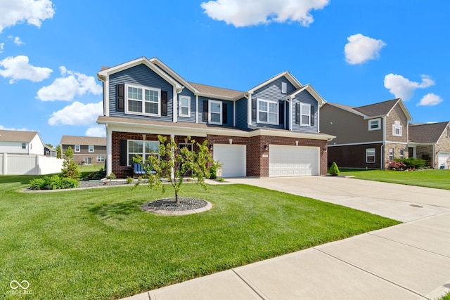 view of front of home featuring driveway, a garage, brick siding, fence, and a front lawn