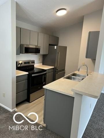 4311 Village Parkway Cir W Unit 6, Indianapolis, IN 46254 - kitchen featuring a peninsula, a sink, baseboards, gray cabinetry, and appliances with stainless steel finishes
