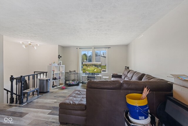 living area featuring wood finished floors and a textured ceiling