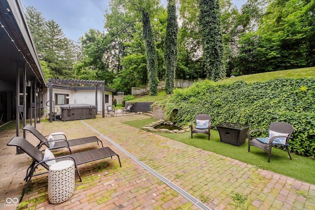 701 Hawthorn Rd, New Castle, IN 47362 - view of patio / terrace featuring a hot tub, a pergola, and view of scattered trees