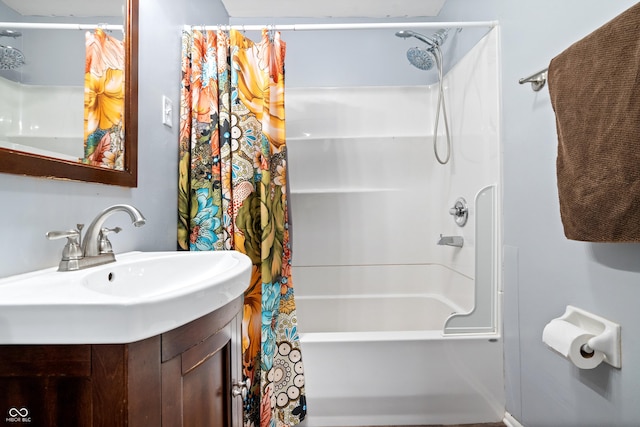 full bathroom with shower / bath combination with curtain and vanity