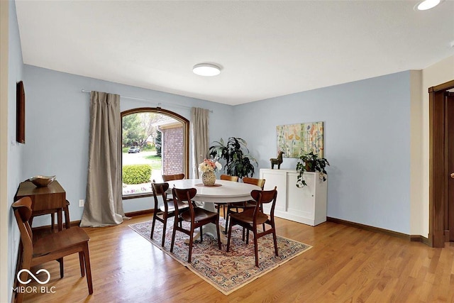 dining room featuring light wood-style floors and baseboards