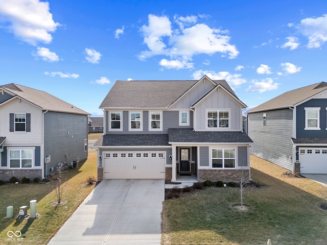 8673 Laurelton Pl, Brownsburg, IN 46112 - traditional-style house with roof with shingles, board and batten siding, an attached garage, driveway, and brick siding