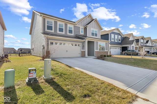8673 Laurelton Pl, Brownsburg, IN 46112 - craftsman house with a residential view, concrete driveway, a garage, board and batten siding, and a front yard