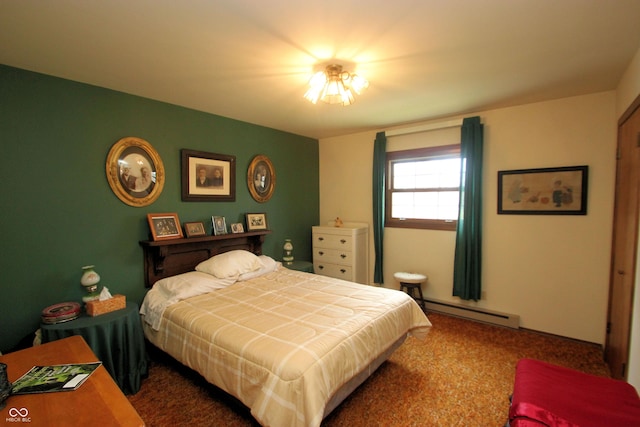 carpeted bedroom with a baseboard radiator