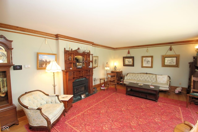 living area featuring ornamental molding, a fireplace, and wood finished floors