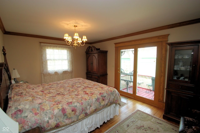 bedroom with a chandelier, ornamental molding, access to outside, and light wood finished floors