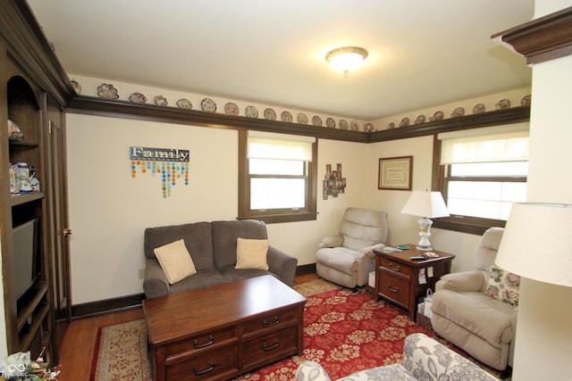 living room featuring wood finished floors and baseboards