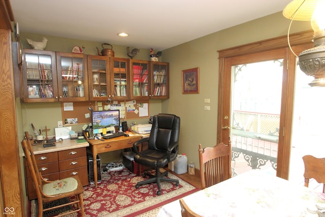 office area with wood finished floors and recessed lighting