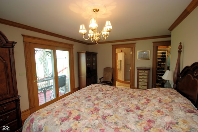 bedroom featuring ornamental molding, a closet, an inviting chandelier, and access to exterior