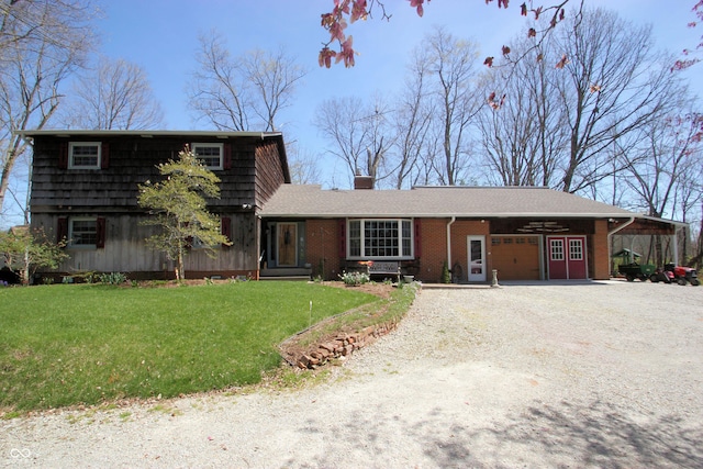 view of front facade with an attached garage, brick siding, a front lawn, a chimney, and dirt driveway