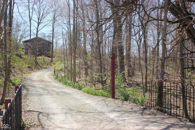 view of street with gravel driveway