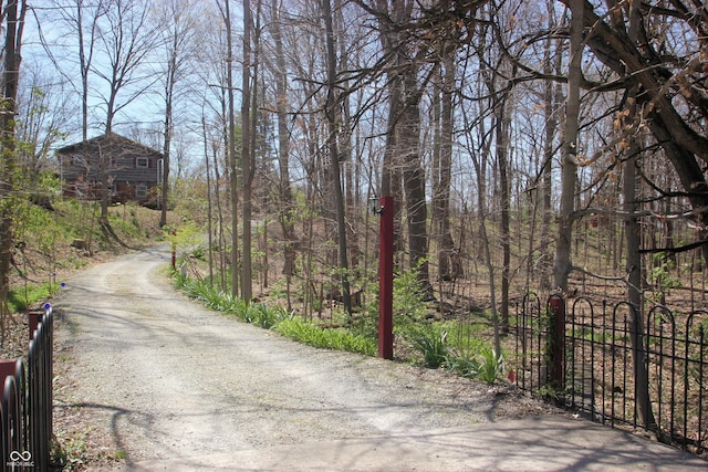 view of road featuring driveway and a gate