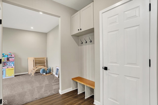 132 Oakhurst Way, Westfield, IN 46074 - mudroom with baseboards, recessed lighting, dark carpet, and dark wood-style floors