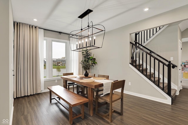 132 Oakhurst Way, Westfield, IN 46074 - dining space featuring stairs, baseboards, dark wood-style floors, a notable chandelier, and recessed lighting