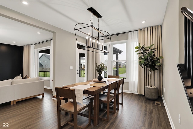 132 Oakhurst Way, Westfield, IN 46074 - dining space with recessed lighting, baseboards, dark wood-style floors, and a chandelier