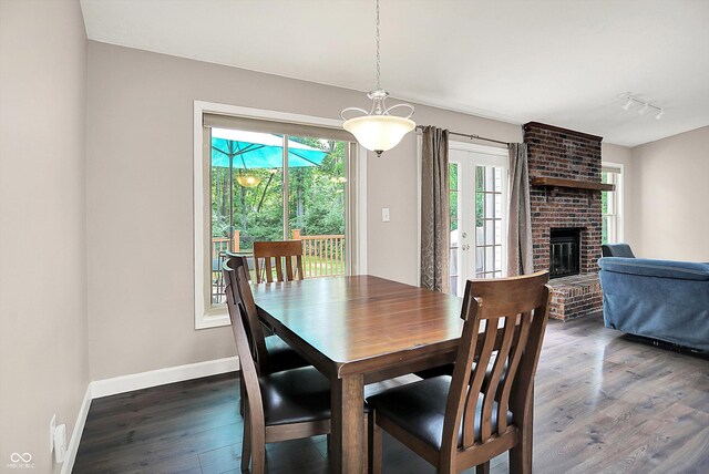 1697 Stacy Lynn Dr, Indianapolis, IN 46231 - dining room with wood finished floors, baseboards, a brick fireplace, and rail lighting
