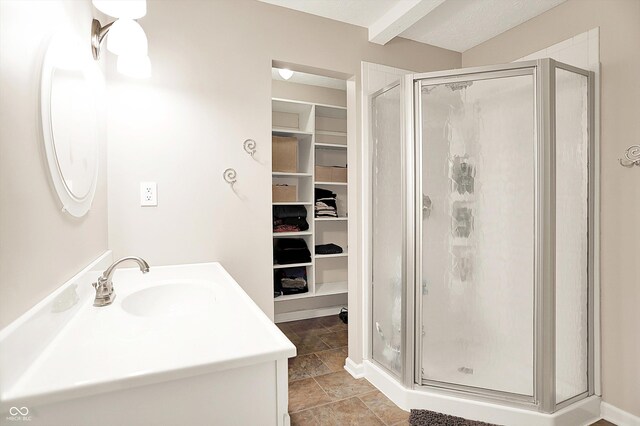 1697 Stacy Lynn Dr, Indianapolis, IN 46231 - full bathroom featuring a shower stall, a spacious closet, stone finish floors, and vanity