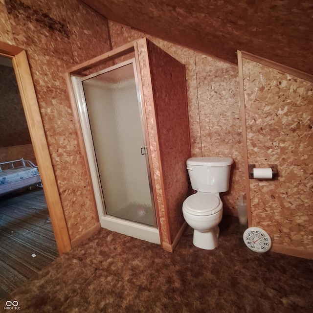 bathroom with a shower stall, toilet, and vaulted ceiling