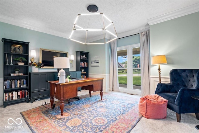 244 W Admiral Way S, Carmel, IN 46032 - office with light colored carpet, ornamental molding, wainscoting, and a textured ceiling