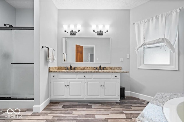 244 W Admiral Way S, Carmel, IN 46032 - full bathroom with double vanity, a shower stall, wood finished floors, baseboards, and a textured ceiling