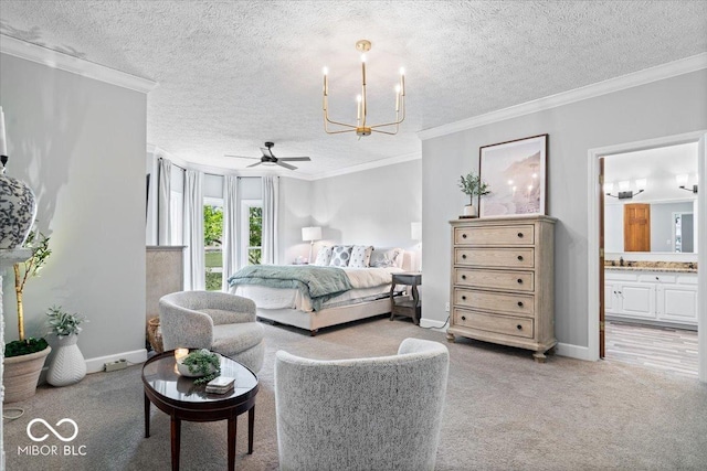244 W Admiral Way S, Carmel, IN 46032 - bedroom with a chandelier, light colored carpet, a textured ceiling, crown molding, and connected bathroom