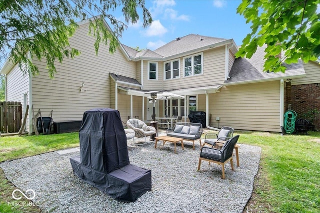 244 W Admiral Way S, Carmel, IN 46032 - rear view of house featuring an outdoor living space, a patio area, and a shingled roof