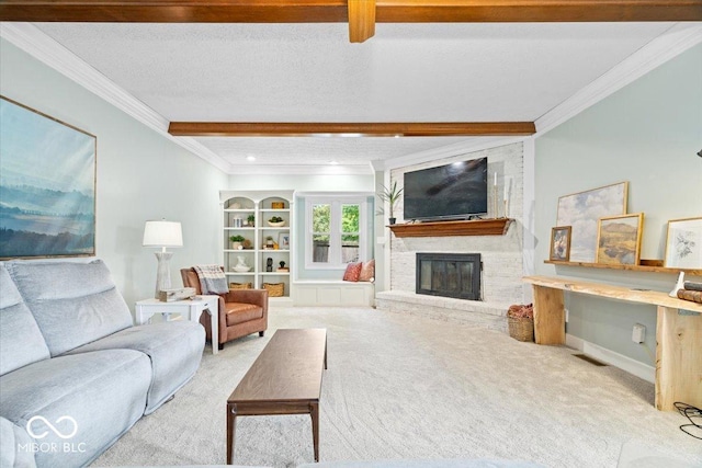 244 W Admiral Way S, Carmel, IN 46032 - carpeted living room featuring a fireplace, crown molding, beamed ceiling, baseboards, and recessed lighting