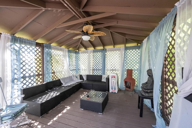 deck with a ceiling fan and an outdoor hangout area