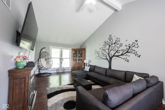 living area with vaulted ceiling with beams, dark wood-style flooring, ceiling fan, and visible vents