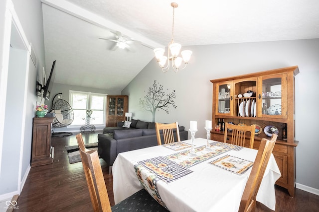 dining room with baseboards, vaulted ceiling with beams, and dark wood-style flooring