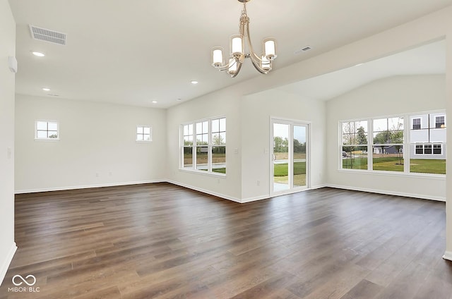 2764 Glade Ave, Plainfield, IN 46168 - unfurnished living room featuring a chandelier, dark wood finished floors, baseboards, vaulted ceiling, and recessed lighting