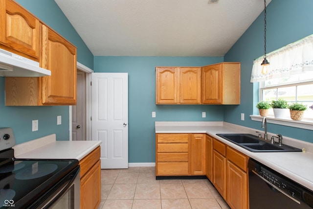 1579 Winding Creek Trl, Brownsburg, IN 46112 - kitchen featuring black appliances, light countertops, lofted ceiling, decorative light fixtures, and light tile patterned floors