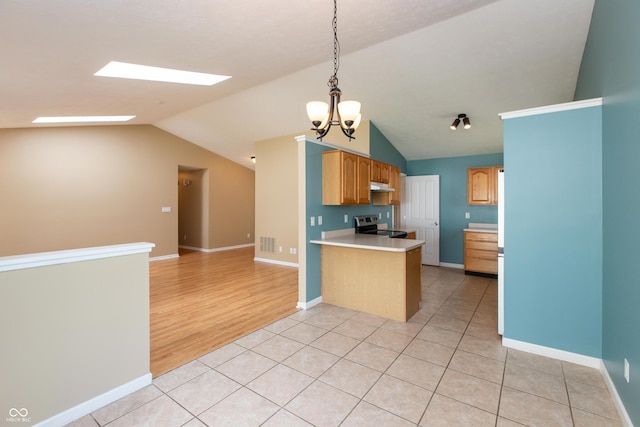 1579 Winding Creek Trl, Brownsburg, IN 46112 - kitchen with vaulted ceiling, stainless steel range with electric cooktop, a peninsula, open floor plan, and light countertops