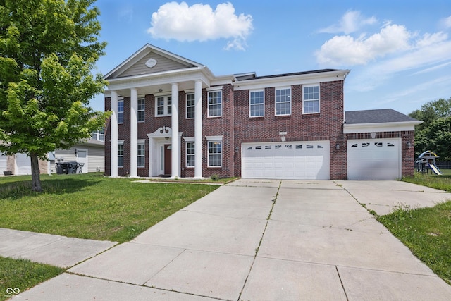 621 Fireside Dr, Greenwood, IN 46143 - greek revival house featuring brick siding, concrete driveway, a front yard, and an attached garage