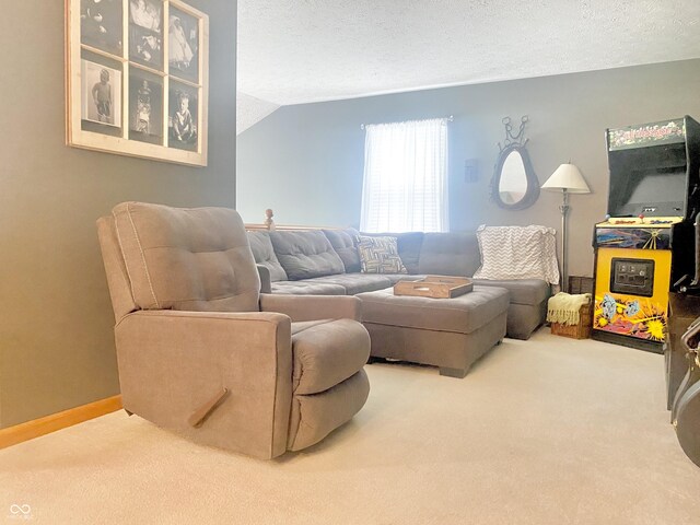 carpeted living room with lofted ceiling and a textured ceiling