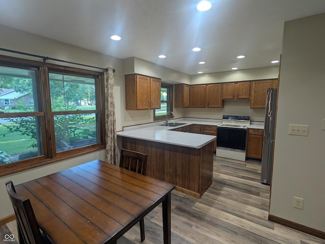8017 Dogwood Ct, Plainfield, IN 46168 - kitchen featuring electric stove, freestanding refrigerator, a peninsula, light wood-style flooring, and recessed lighting