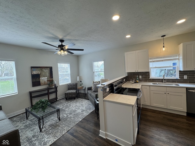 kitchen with light countertops, a sink, dark wood-type flooring, appliances with stainless steel finishes, and white cabinetry
