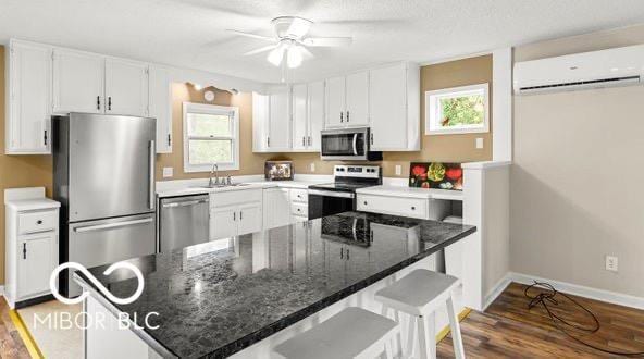 kitchen featuring white cabinets, a wealth of natural light, appliances with stainless steel finishes, and a wall mounted air conditioner