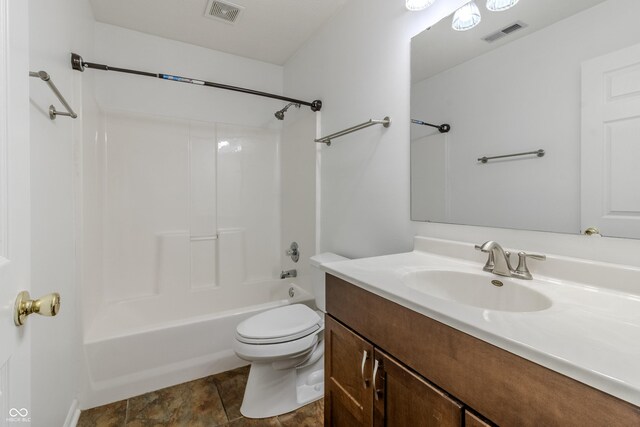 full bathroom with visible vents, shower / bathing tub combination, toilet, and vanity