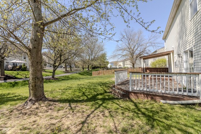 view of yard with fence and a wooden deck