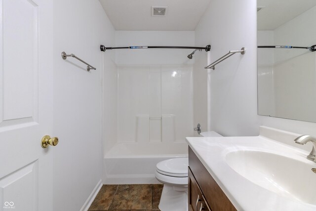 full bath with vanity, toilet, baseboards, shower / bathing tub combination, and visible vents