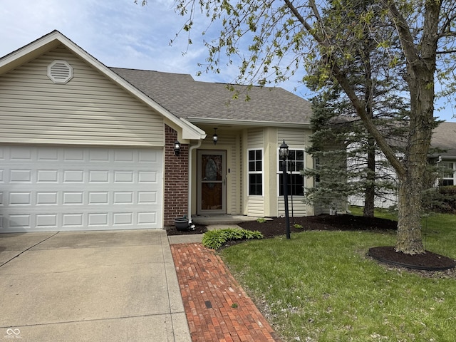 single story home featuring a front lawn, driveway, an attached garage, brick siding, and roof with shingles