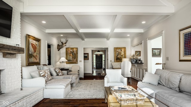 living room featuring beam ceiling, dark wood-style flooring, and crown molding