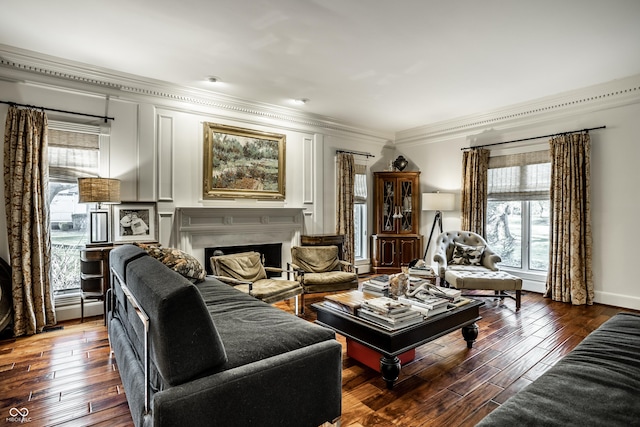 living room with ornamental molding, a fireplace, wood-type flooring, and a healthy amount of sunlight