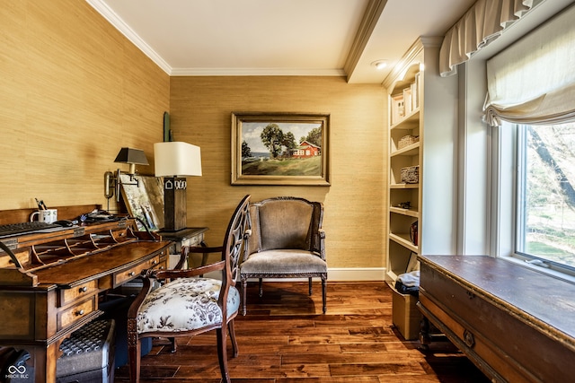 office space with crown molding, dark wood-style floors, and baseboards