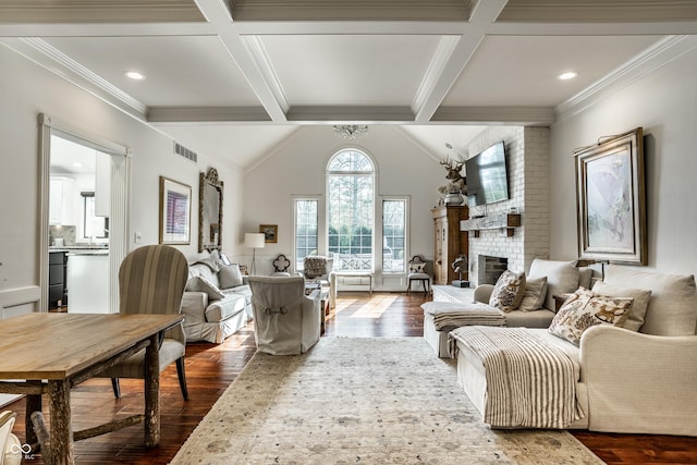 living area featuring dark wood-style flooring, beam ceiling, a fireplace, coffered ceiling, and visible vents