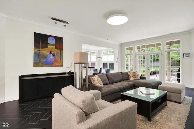 living room featuring ornamental molding, plenty of natural light, and baseboards