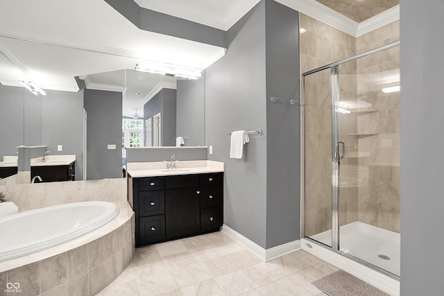 bathroom with ornamental molding, a stall shower, baseboards, a bath, and vanity