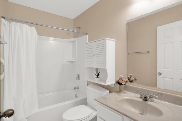 full bath with vanity, toilet, and shower / bath combination with curtain